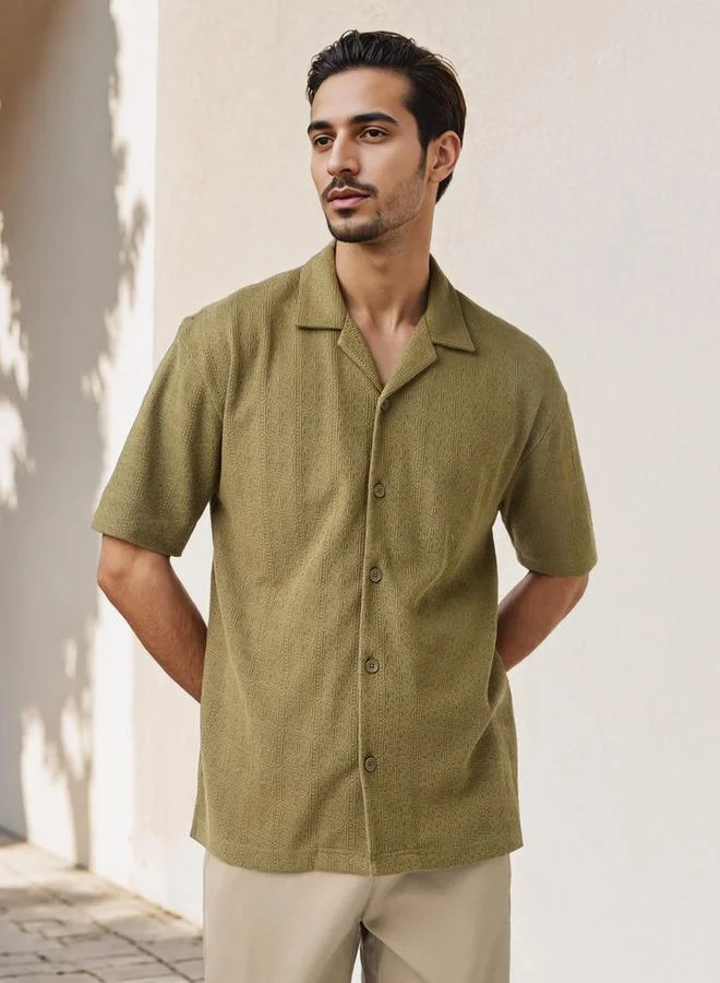 Iconic Iconic Regular Fit Textured Shirt with Camp Collar