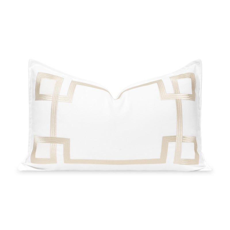Hofdeco Premium Hofdeco Premium Coastal Patio Indoor Outdoor Lumbar Pillow Cover Only  12""x20"" Water Repellent for Backyard  Couch  Neutral Tan Embroidered Frame Greek Key  - Image 1