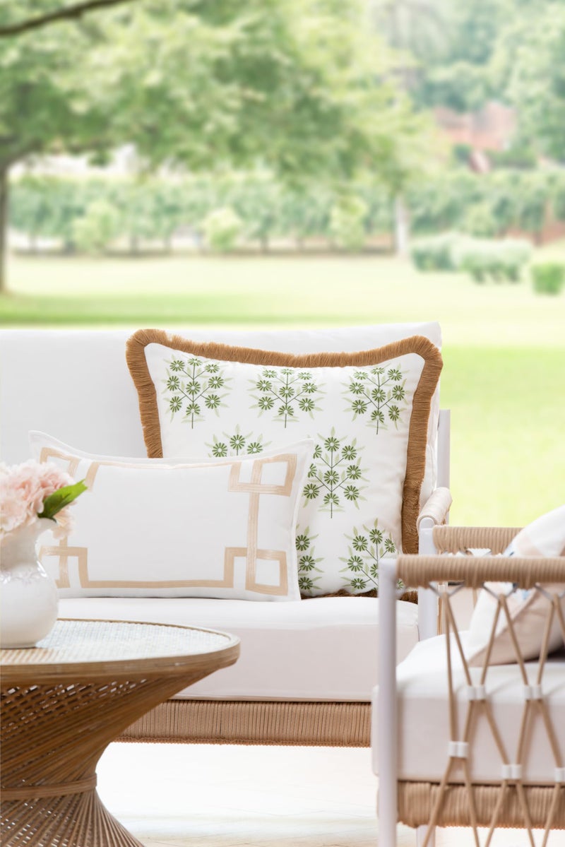Hofdeco Premium Hofdeco Premium Coastal Patio Indoor Outdoor Lumbar Pillow Cover Only  12""x20"" Water Repellent for Backyard  Couch  Neutral Tan Embroidered Frame Greek Key  - Image 2