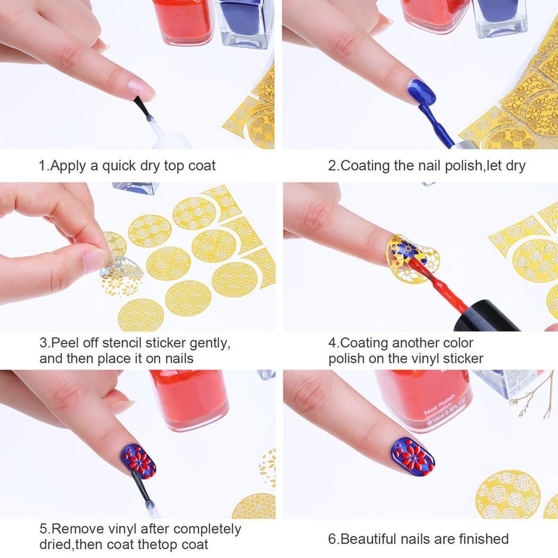 Gugzy 288 Pieces 72 Designs Gold Nail Vinyls Nail Stencil Sticker Sheets Set For Circular Hollow Nail Art Design 24 Sheets Gold Circular Hollow - Image 3