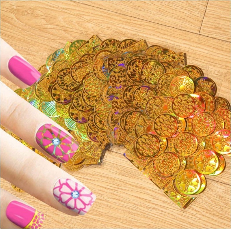 Gugzy 288 Pieces 72 Designs Gold Nail Vinyls Nail Stencil Sticker Sheets Set For Circular Hollow Nail Art Design 24 Sheets Gold Circular Hollow - Image 4