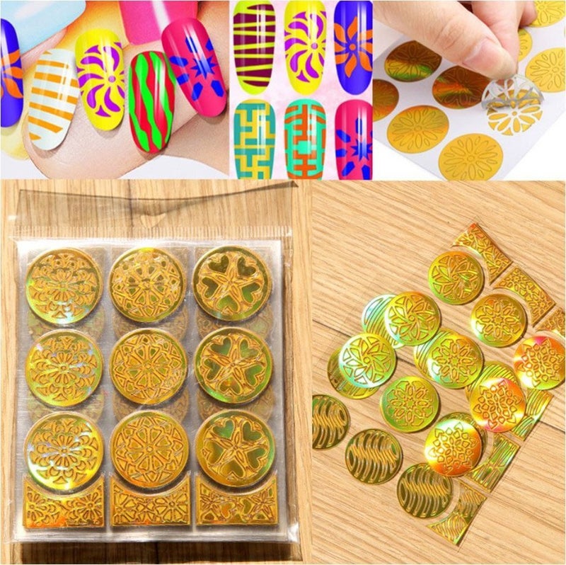 Gugzy 288 Pieces 72 Designs Gold Nail Vinyls Nail Stencil Sticker Sheets Set For Circular Hollow Nail Art Design 24 Sheets Gold Circular Hollow - Image 5