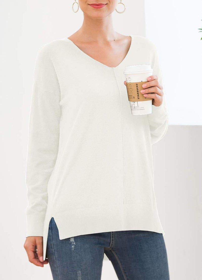 Jouica Women's Casual V Neck Long Sleeve Knit Top Loose Pullover Sweater,Beige White,Large - Image 2