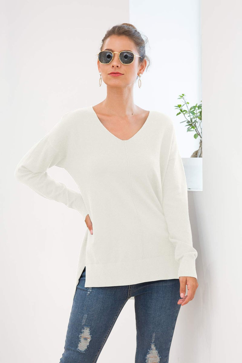 Jouica Women's Casual V Neck Long Sleeve Knit Top Loose Pullover Sweater,Beige White,Large - Image 3