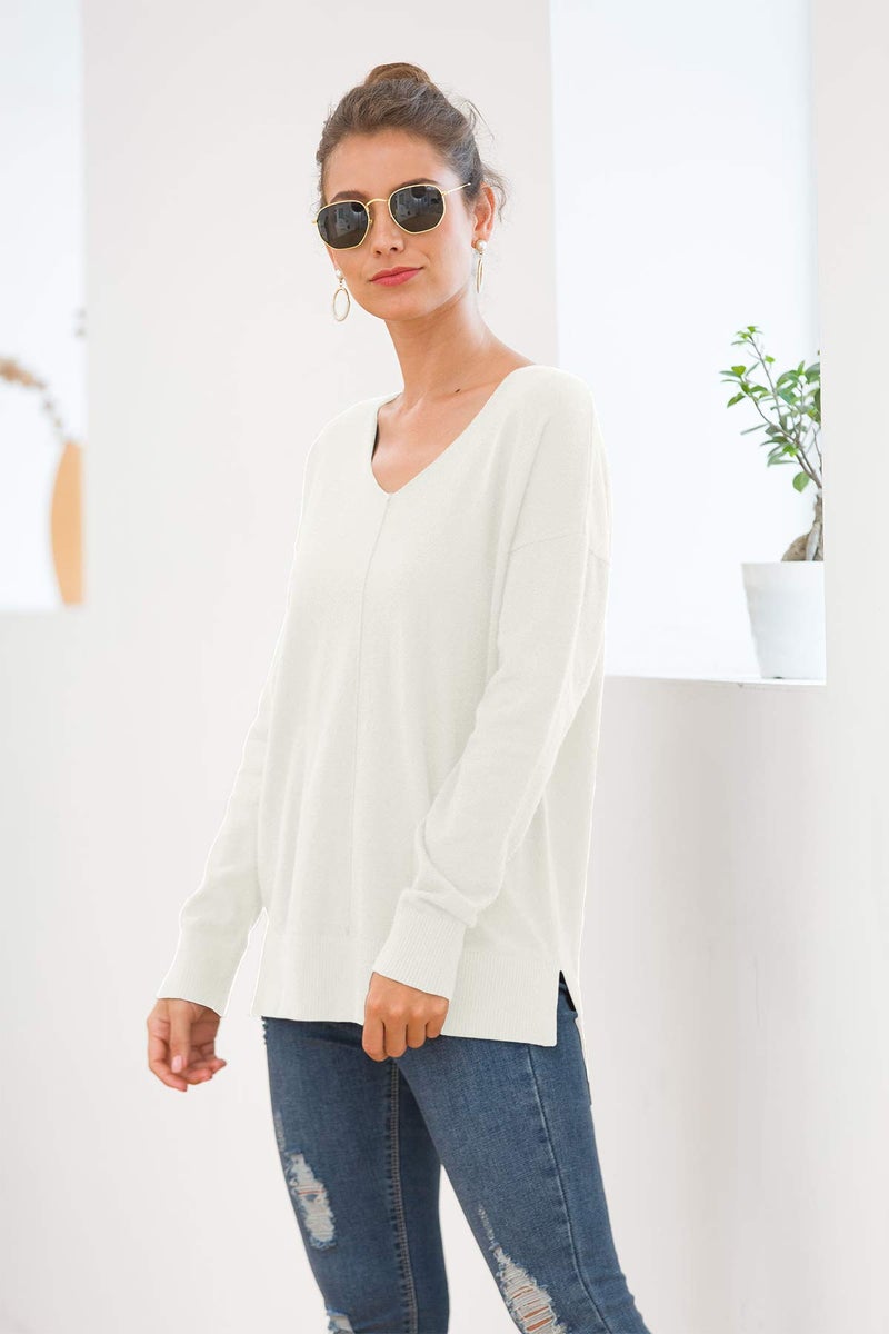 Jouica Women's Casual V Neck Long Sleeve Knit Top Loose Pullover Sweater,Beige White,Large - Image 4