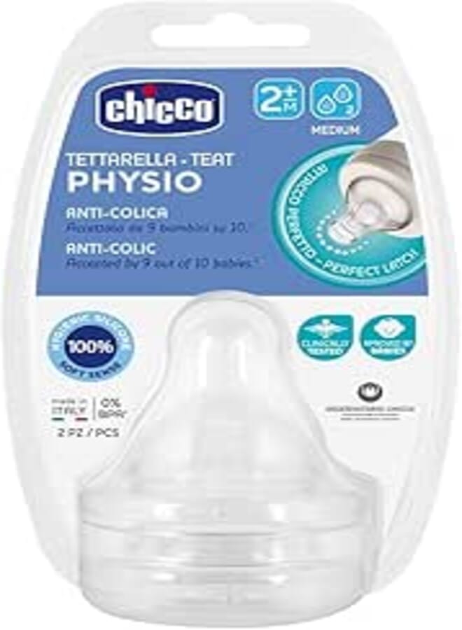 Chicco perfect 5 physio teat 2m+ medium flow 2pcs silicone