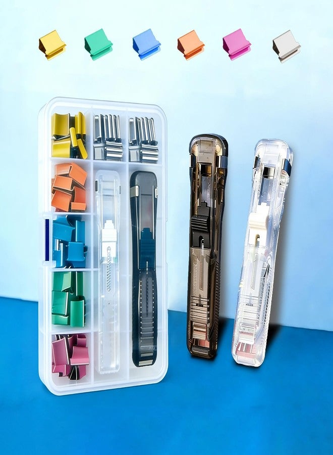 TNDCKP Reusable Portable Paper Clip Dispenser Set (2-Pack) - 40-Sheet Capacity, Includes 140 Metal Refill Clips (40 Silver + 100 Assorted Colors) - Ideal for Home, School, and Office Use (Black & White) - Image 1