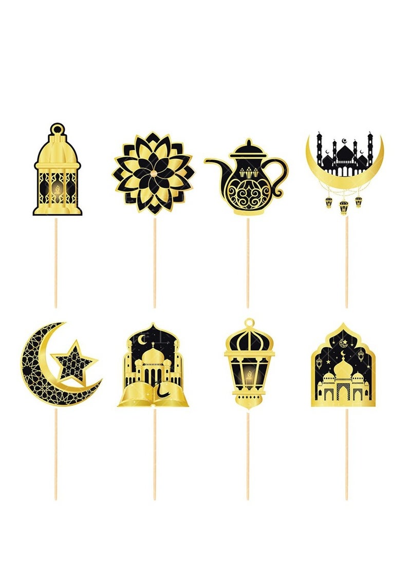 أعلام عيد الأضحى لكب كيك – مجموعة من 8 قطع، أعلام كعكة مزخرفة بتصاميم فوانيس إسلامية، هلال، مسجد وزهور – مثالية لحفلات عيد الأضحى وديكور الاحتفال - Image 1