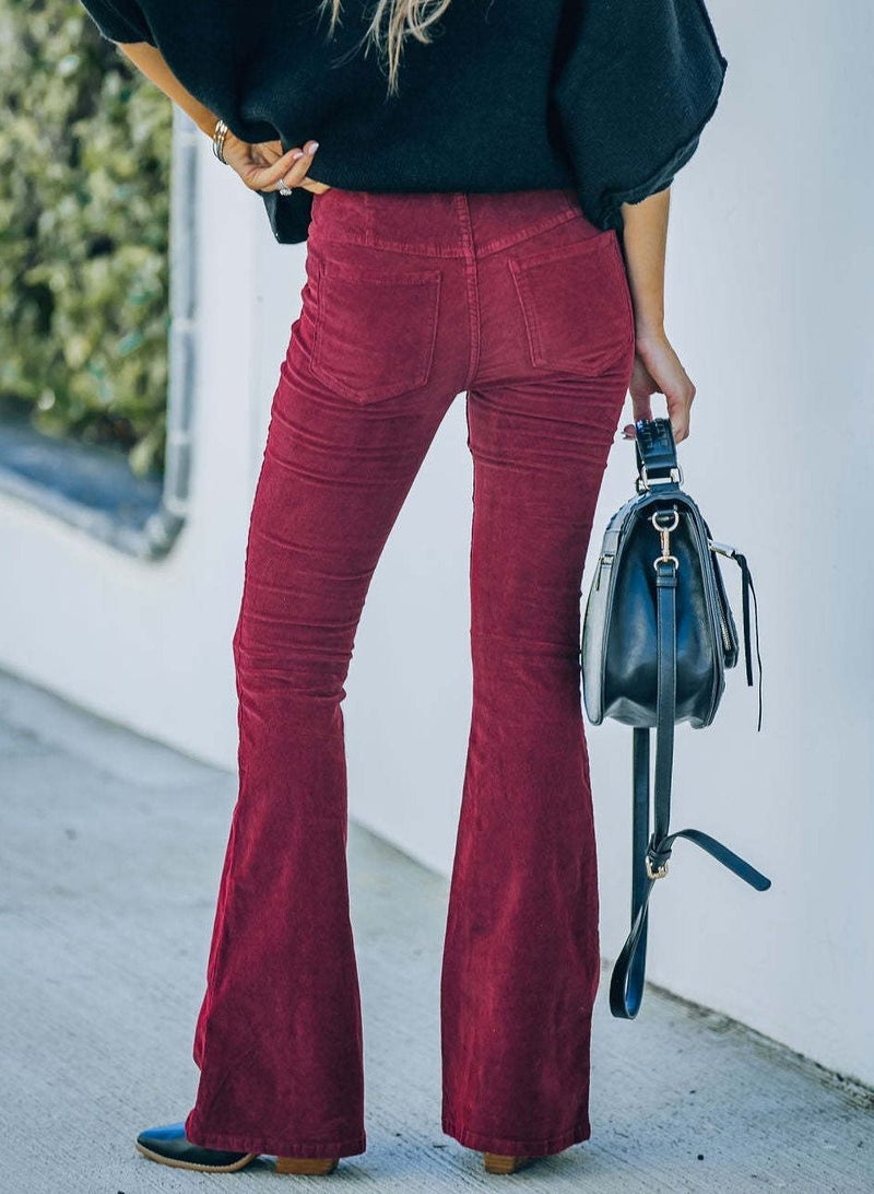 Loquat Women's Solid Color High Waist Slim Small Bell Bottoms Corduroy Casual Pants  - Image 2