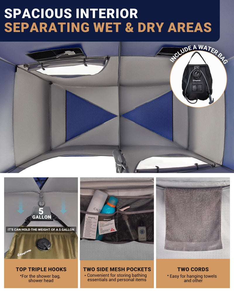 KingCamp Camping Shower Tent, Portable Outdoor Privacy Toilet & Changing Tent Windproof & Waterproof Easy Setup 1 or 2 Room Shelter with Shower Bag for Camping Hiking Beach - Image 3