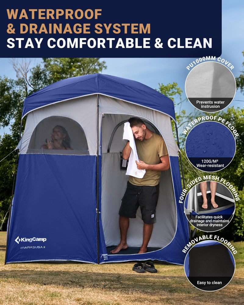 KingCamp Camping Shower Tent, Portable Outdoor Privacy Toilet & Changing Tent Windproof & Waterproof Easy Setup 1 or 2 Room Shelter with Shower Bag for Camping Hiking Beach - Image 5