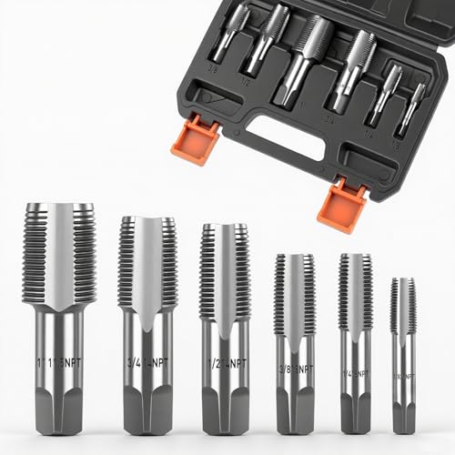 HORUSDY 6Piece NPT Pipe Tap Set Carbon Steel Threading Tool Kit for Pipe Taper Threads Sizes 18 14 38 12 34 1 Durable Plumbing Tap Set with Storage Case