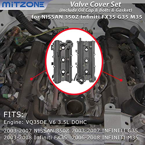 MITZONE Engine Valve Cover Set with Bolts & Oil Cap & Gaskets & Spark Plug Tube Seals & PCV Valve Compatible with 2003-2008 Nissan 350Z Infiniti FX35 G35 M35 VQ35DE 3.5L Part# 13264AM600 13264AM610 - Image 3