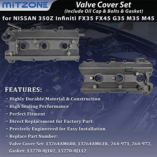 MITZONE Engine Valve Cover Set with Bolts & Oil Cap & Gaskets & Spark Plug Tube Seals & PCV Valve Compatible with 2003-2008 Nissan 350Z Infiniti FX35 G35 M35 VQ35DE 3.5L Part# 13264AM600 13264AM610 - Image 2