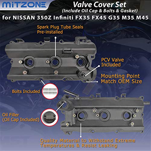 MITZONE Engine Valve Cover Set with Bolts & Oil Cap & Gaskets & Spark Plug Tube Seals & PCV Valve Compatible with 2003-2008 Nissan 350Z Infiniti FX35 G35 M35 VQ35DE 3.5L Part# 13264AM600 13264AM610 - Image 4
