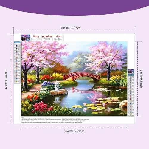 RANUR Diamond Art Kit, 5D Diamond Painting kit,Bridge Peach Tree Spring Pool Lotus Pond 5D Diamond Painting Set, Perfect for Relaxation and Home Wall Decor Diamond Art kit 30x40 cm - Image 2