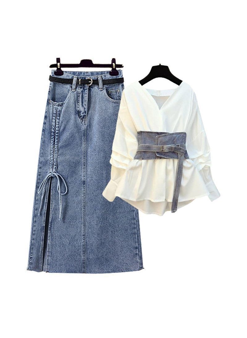 Generic - Plus Size Autum 2024 Shirt Skirt Set one-piece top - Image 1