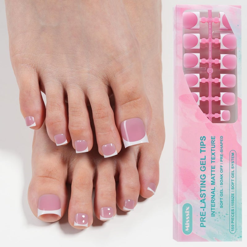 Misssix Press On Toe nails Short, 150Pcs French Toe Nail Tips Pink White, Square Soft Gel Fake Toe Nail Tips Extensions for Women Nail Art DIY 15 Sizes - Image 1