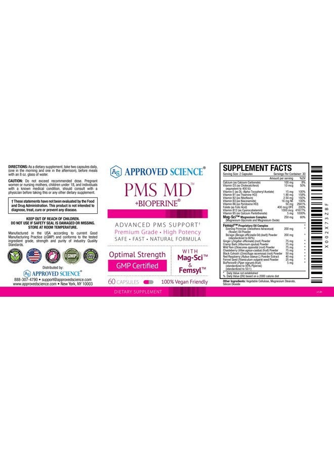 Approved Science PMS MD - Eliminate PMS Symptoms - Calcium, B Vitamins, BioPerine - 60 Capsules - One Month Supply - Vegan - Image 4