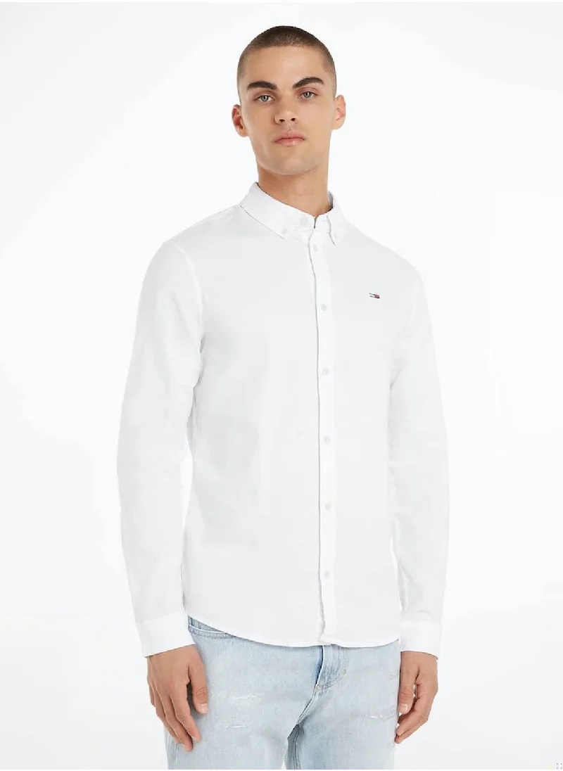 TOMMY JEANS Men's Stretch Oxford Cotton Slim Fit Casual Shirt, White