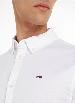 TOMMY JEANS Men's Stretch Oxford Cotton Slim Fit Casual Shirt, White  - Image 4