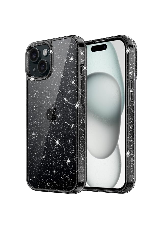 جي تيك حافظة لامعة لهاتف آيفون 15 6.1 بوصة بلينغ سباركل مضادة للصدمات غطاء هاتف لامع للنساء والفتيات باللون الأسود - Image 1