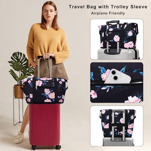 HAWEE Expandable Duffel Bag for Women with Trolley Sleeve and Wet Pocket Water Repellent Weekender Travel Tote Large Capacity Carry On Overnight Luggage Peony - Image 3
