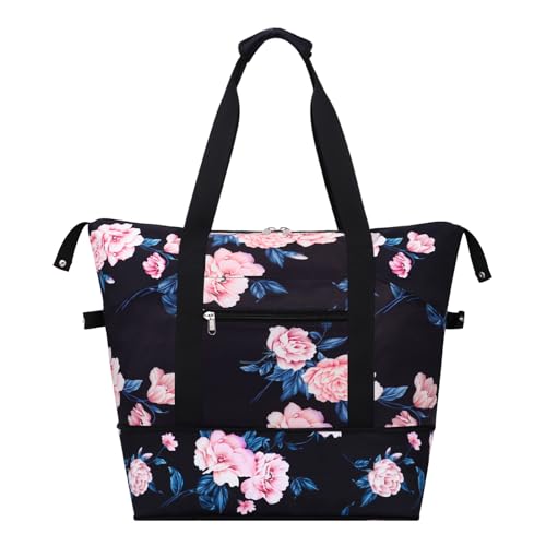 HAWEE Expandable Duffel Bag for Women with Trolley Sleeve and Wet Pocket Water Repellent Weekender Travel Tote Large Capacity Carry On Overnight Luggage Peony - Image 1