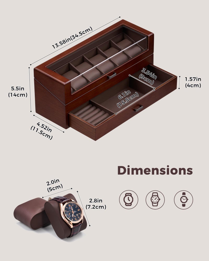 ProCase Wooden Watch Box for Men, Wood Watch Display Case Men's Jewelry Organizer Box with Drawer -6 Slot, Walnut - Image 3