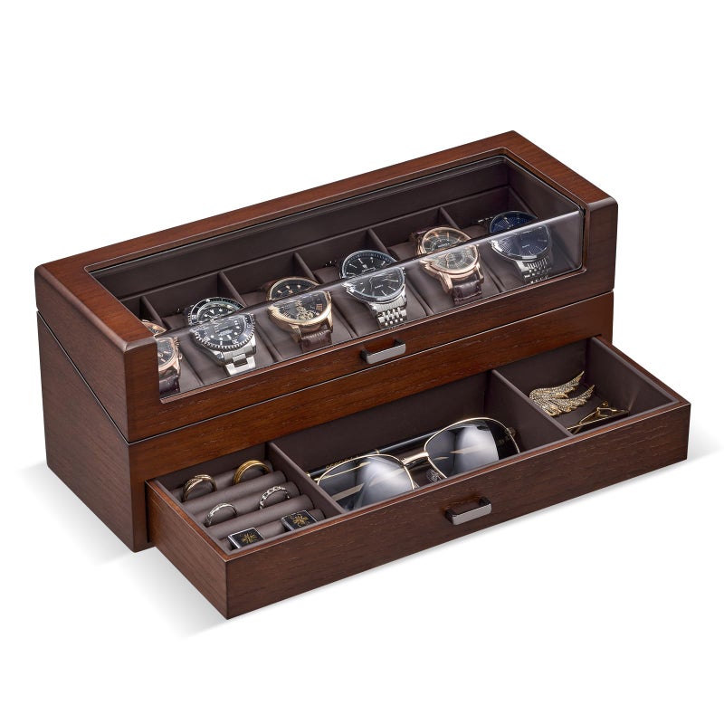 ProCase Wooden Watch Box for Men, Wood Watch Display Case Men's Jewelry Organizer Box with Drawer -6 Slot, Walnut - Image 1