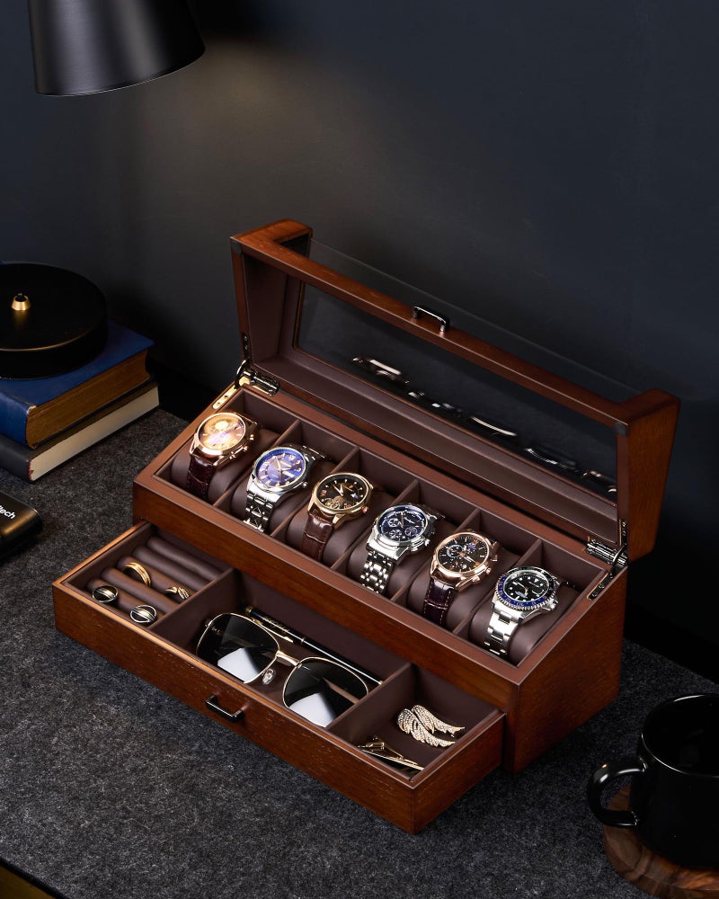 ProCase Wooden Watch Box for Men, Wood Watch Display Case Men's Jewelry Organizer Box with Drawer -6 Slot, Walnut - Image 4