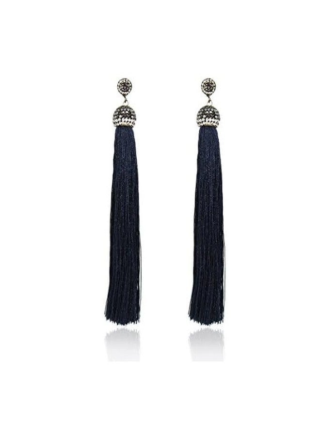 STRIPES® essentials Crystal Long Silk Tassel Dangling Drop Thread Tassel Earrings Statement Earrings For Women/Girls (BLACK) - Image 4