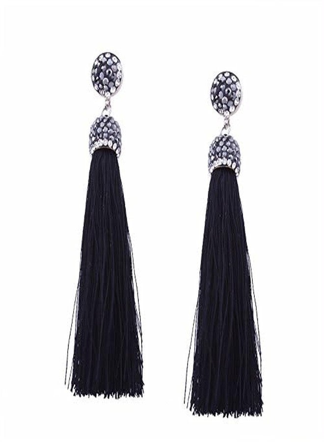 STRIPES® essentials Crystal Long Silk Tassel Dangling Drop Thread Tassel Earrings Statement Earrings For Women/Girls (BLACK) - Image 1