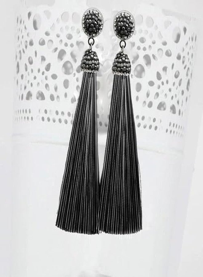 STRIPES® essentials Crystal Long Silk Tassel Dangling Drop Thread Tassel Earrings Statement Earrings For Women/Girls (BLACK) - Image 3