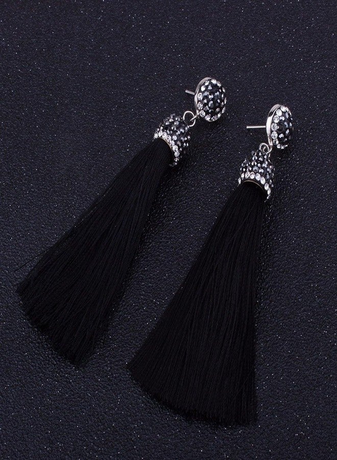 STRIPES® essentials Crystal Long Silk Tassel Dangling Drop Thread Tassel Earrings Statement Earrings For Women/Girls (BLACK) - Image 5