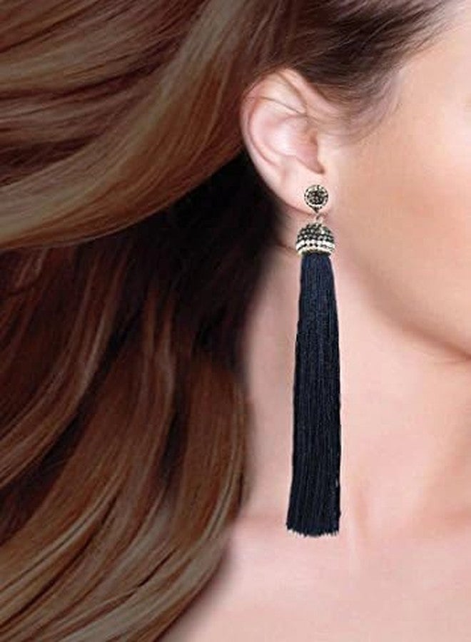STRIPES® essentials Crystal Long Silk Tassel Dangling Drop Thread Tassel Earrings Statement Earrings For Women/Girls (BLACK) - Image 2