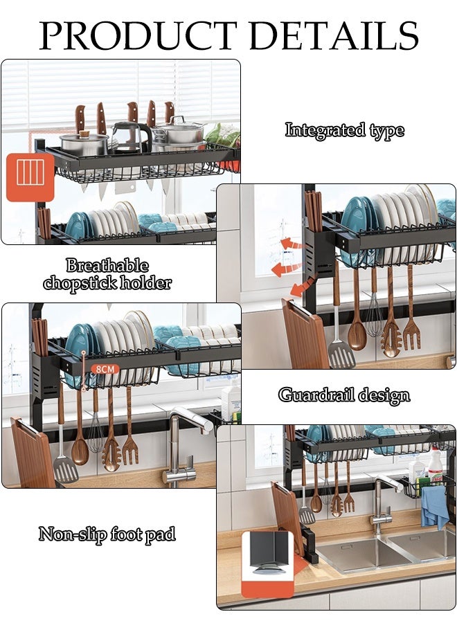 DUNISO 2-Tier Over The Sink Dish Drying Rack ,Adjustable Organizer Storage for Kitchen ,Tableware Drainer with Hook and Cutlery Basket (Black) 65*32*52.5cm - Image 3