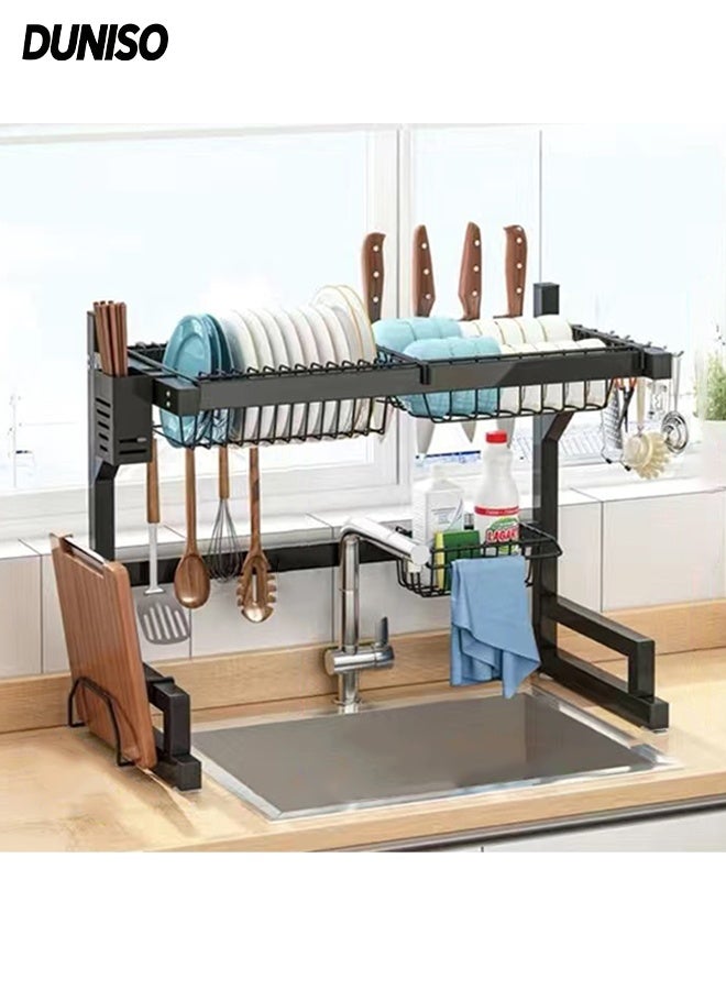 DUNISO 2-Tier Over The Sink Dish Drying Rack ,Adjustable Organizer Storage for Kitchen ,Tableware Drainer with Hook and Cutlery Basket (Black) 65*32*52.5cm - Image 1