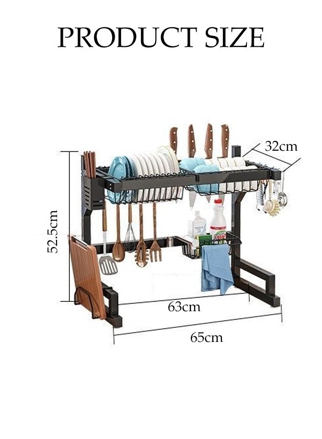 DUNISO 2-Tier Over The Sink Dish Drying Rack ,Adjustable Organizer Storage for Kitchen ,Tableware Drainer with Hook and Cutlery Basket (Black) 65*32*52.5cm - Image 2