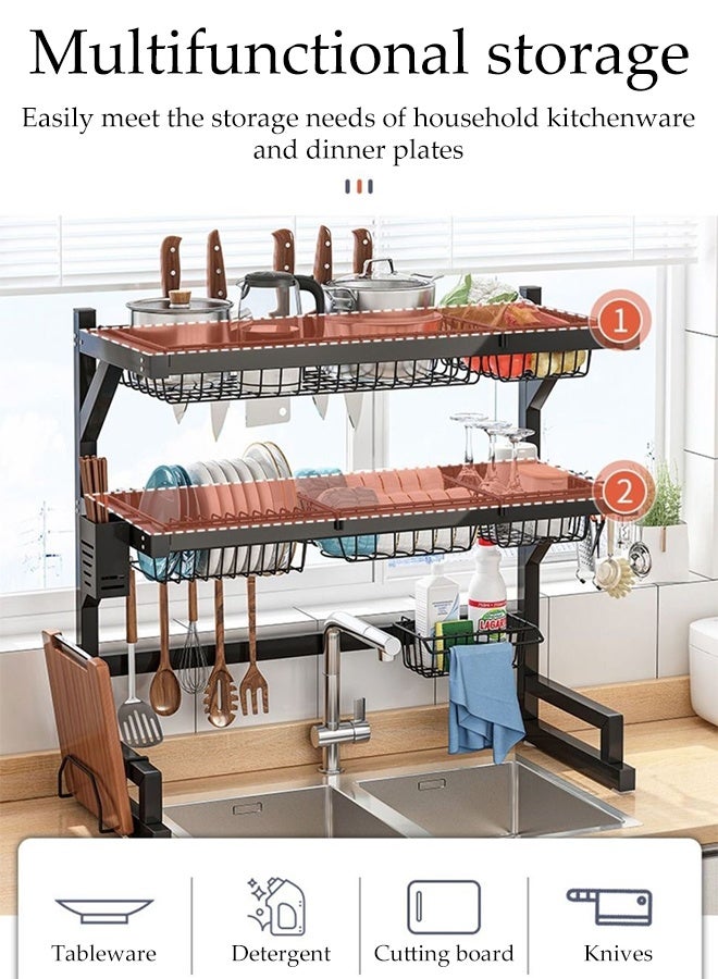 DUNISO 2-Tier Over The Sink Dish Drying Rack ,Adjustable Organizer Storage for Kitchen ,Tableware Drainer with Hook and Cutlery Basket (Black) 65*32*52.5cm - Image 4