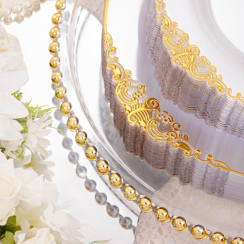 Hioasis 175pcs Clear Gold Plastic Plates - Clear Disposable Plates with Gold Trim Plastic Dinnerware Set Include 25 Dinner Plates  25 Dessert Plates 25 Cups 25 Rolled Napkin Cutlery for Weddding Party - Image 1