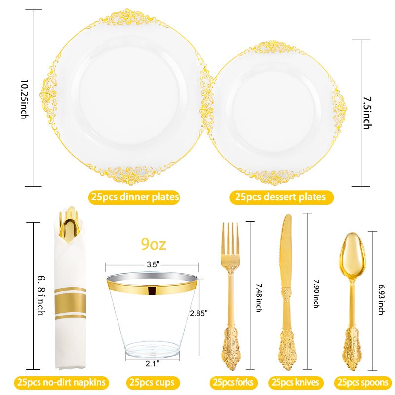 Hioasis 175pcs Clear Gold Plastic Plates - Clear Disposable Plates with Gold Trim Plastic Dinnerware Set Include 25 Dinner Plates  25 Dessert Plates 25 Cups 25 Rolled Napkin Cutlery for Weddding Party - Image 4