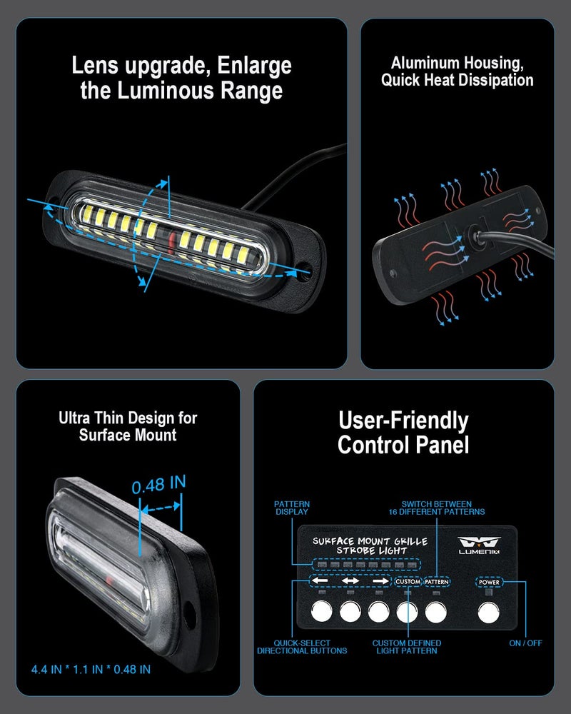 LUMENIX White Amber LED Surface Mount Strobe Flashing Lights Kit w/Controller 8PCS Grille Side Marker Emergency Warning Caution Light Assemblies for Construction Vehicles Trucks, Traffic| Sync Feature - Image 2