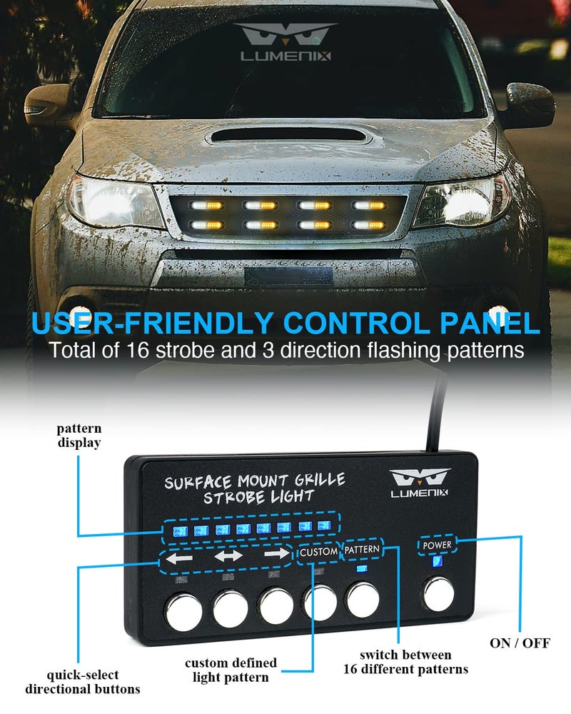 LUMENIX White Amber LED Surface Mount Strobe Flashing Lights Kit w/Controller 8PCS Grille Side Marker Emergency Warning Caution Light Assemblies for Construction Vehicles Trucks, Traffic| Sync Feature - Image 4