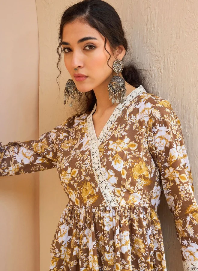 SASSAFRAS Floral Printed V-Neck Kurti for Women