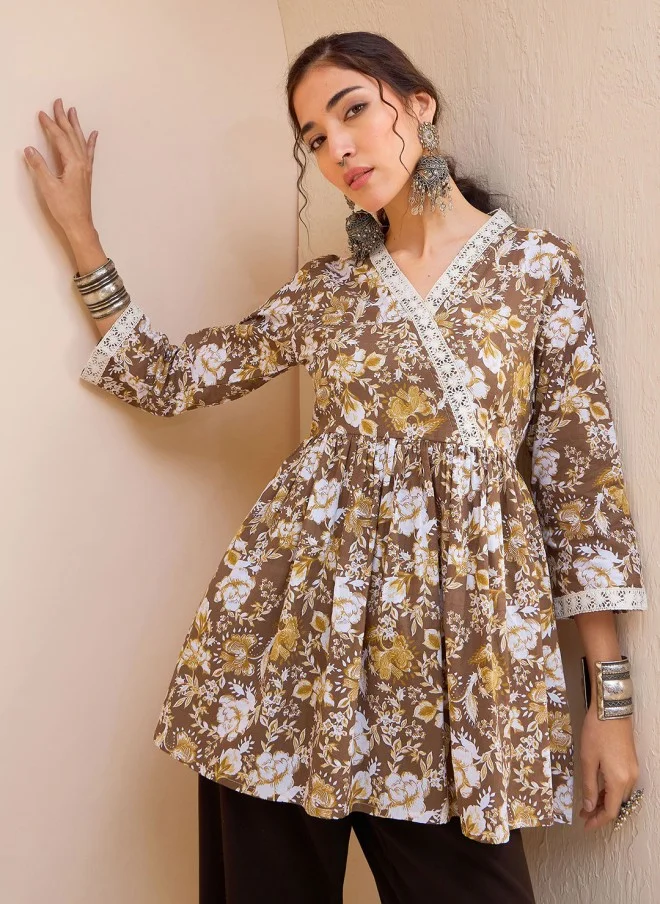 SASSAFRAS Floral Printed V-Neck Kurti for Women