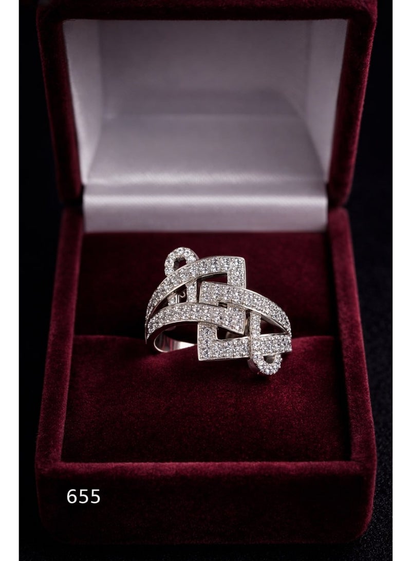 3Diamonds Geometric Statement Ring with Cubic Zirconia, Platinum Rhodium Plated - Image 3