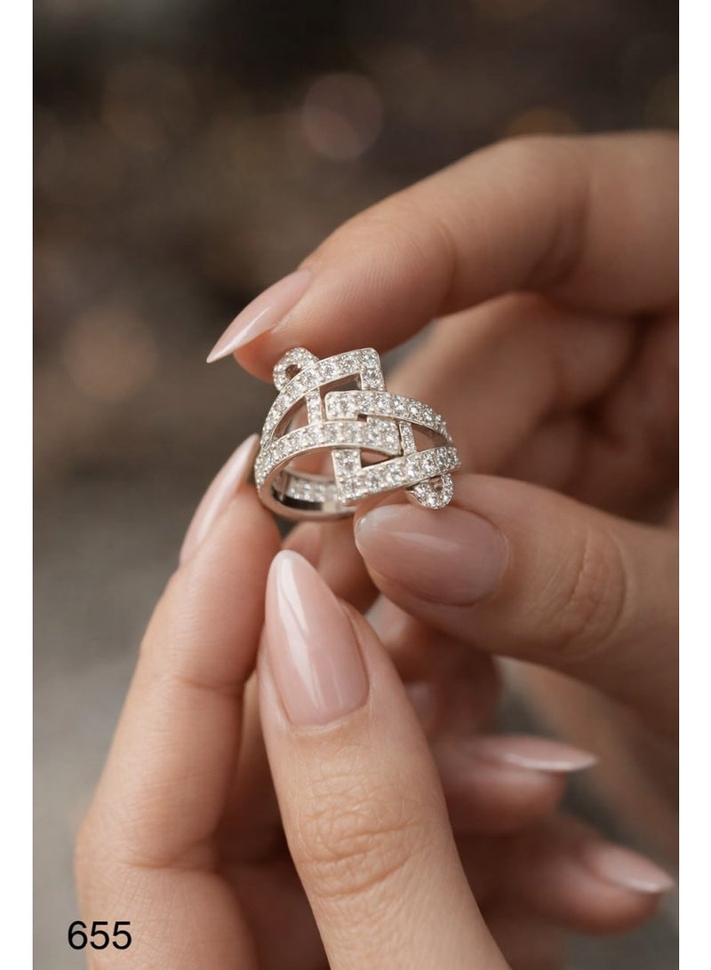 3Diamonds Geometric Statement Ring with Cubic Zirconia, Platinum Rhodium Plated - Image 2