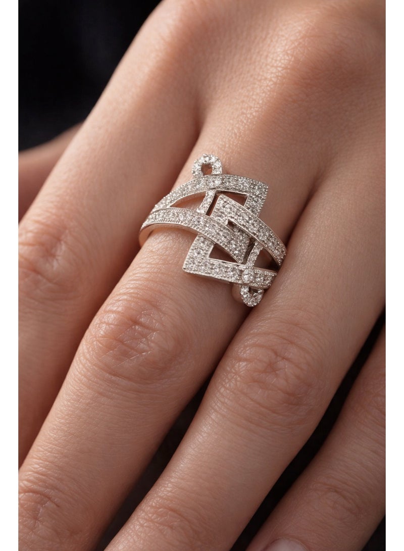 3Diamonds Geometric Statement Ring with Cubic Zirconia, Platinum Rhodium Plated - Image 1