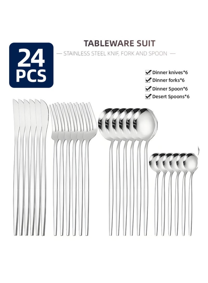 SISGL طقم أدوات مائدة من 24 قطعة، أدوات مائدة من الفولاذ المقاوم للصدأ لـ 6 أشخاص، أدوات تناول العشاء للمنزل والمطعم والحفلات، تشمل ملاعق وشوك وسكاكين وحواف مربعة وتشطيب مرآة، آمنة للغسالة الأطباق - Image 1